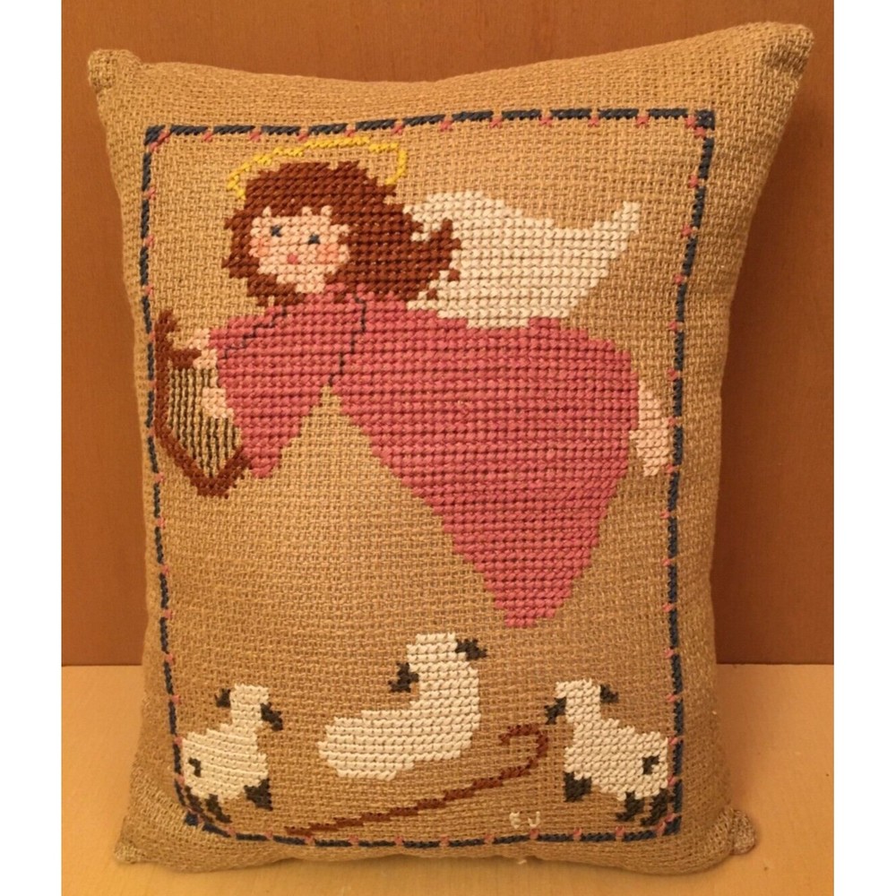 Completed Cross Stitch Pillow Angel Sheep Lamb 14x10.5 Fabric Backing Handmade